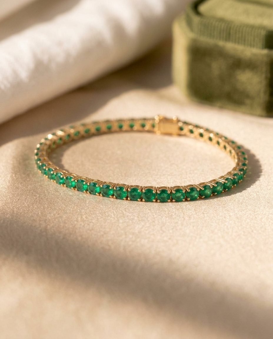 A gold bracelet set with a continuous line of round emeralds