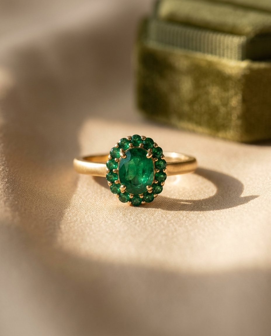 A gold cocktail ring with an oval emerald centre and an emerald halo
